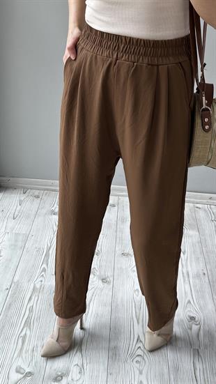 Acı Kahve Beli Lastikli Havuç Paça Pantolon