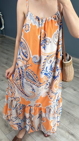 Orange Desenli Askılı Elbise