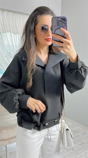 Siyah Gömlek Yaka Büzgü Detaylı Sweatshirt