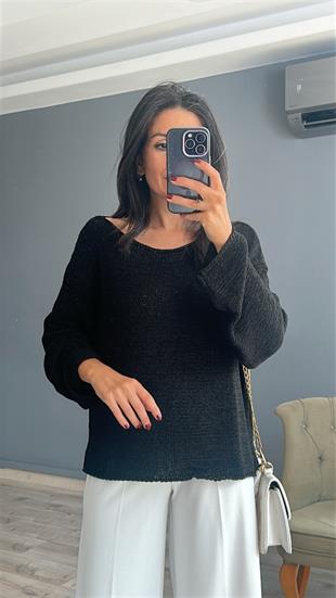 Siyah Kayık Yaka Merserize Triko