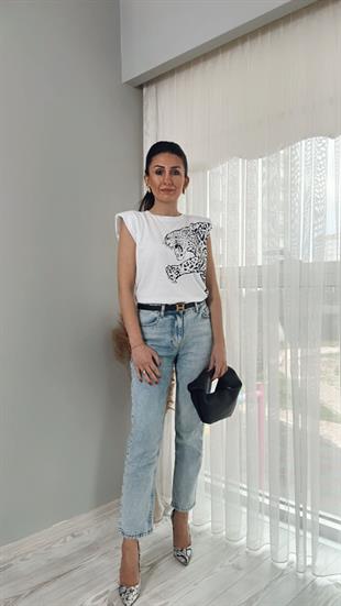 Beyaz Önü Baskılı Vatkalı Bisiklet Yaka Basic T-Shirt