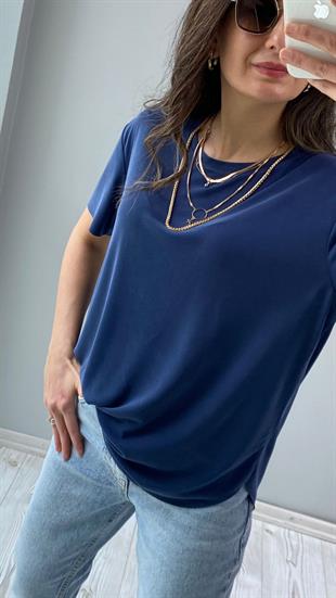 Lacivert Bisiklet Yaka Lazer Kesim Modal Kumaş T-shirt