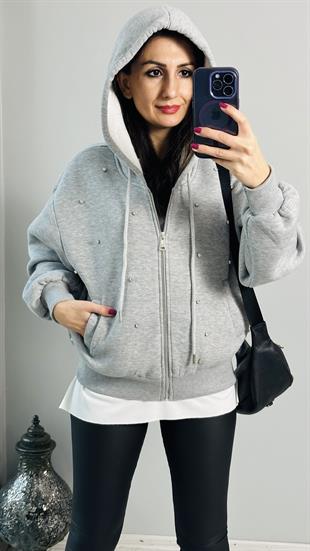 Gri Melanj Taş Detaylı Fermuarlı Kapşonlu Sweatshirt