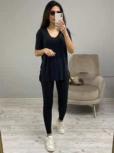 Antrasit V Yaka Lazer Kesim Yanları Yırtmaçlı Modal Kumaş T-shirt