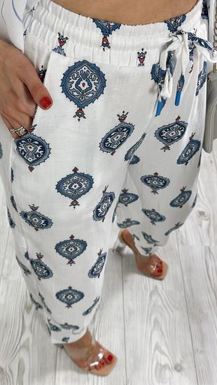 Beyaz Desenli Muslin Pantolon