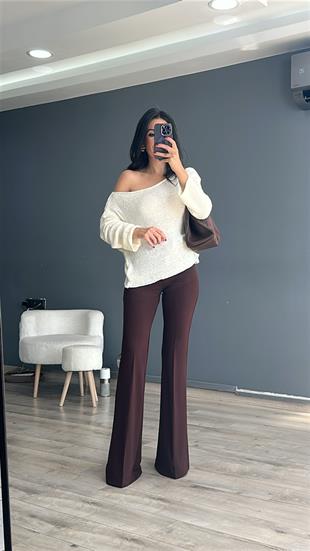 Kahve Tek Düğmeli İspanyol Paça Pantolon