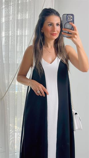 Siyah Beyaz Şeritli Asimetrik Kesim Elbise