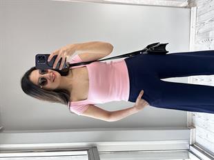 Pudra Pembe Geniş Kare Yaka Kısa Kol Bluz