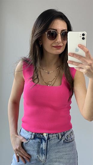 Fuşya Uzun Kare Yaka Triko Atlet 