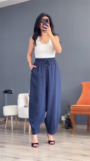 Lacivert Beli Lastikli Modal Şalvar Görünümlü Pantolon