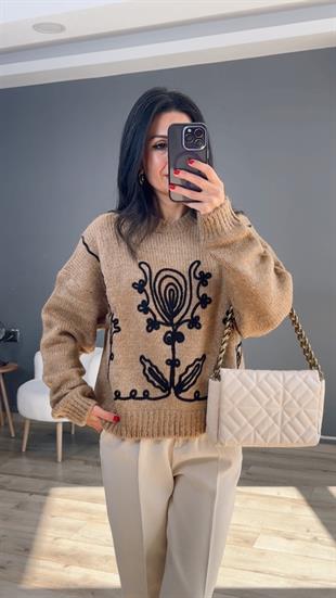 Camel Kordon Nakışlı Kazak