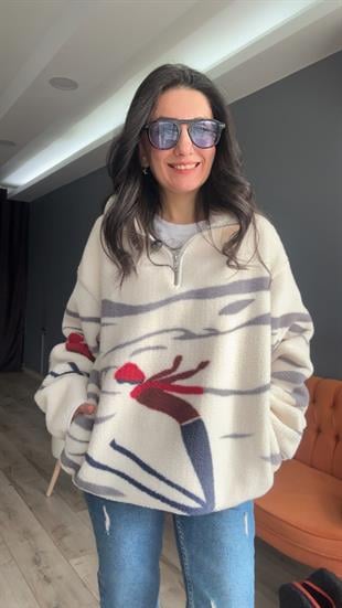 Ekru Kayakçı Kız Desenli Fermuarlı Sweatshirt