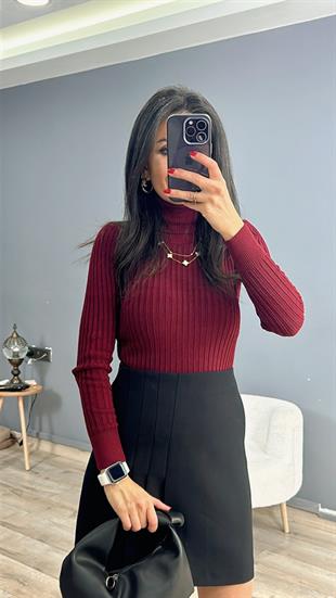 Bordo Balıkçı Yaka Kalın Fitilli Triko