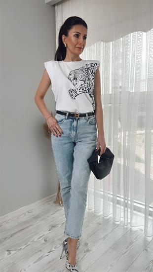 Beyaz Önü Baskılı Vatkalı Bisiklet Yaka Basic T-Shirt