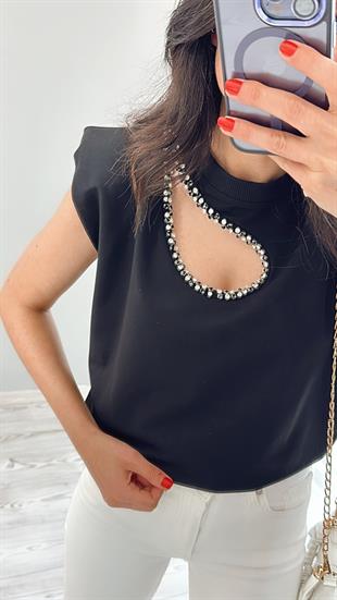 Siyah Damla Taş Detaylı Vatkalı Bluz