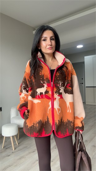 Turuncu Kahve Geyik Desenli Fermuarlı Polar Ceket