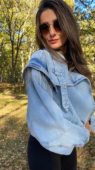 Mavi Omuz Taş Saçaklı Yaka Detay Jean Ceket