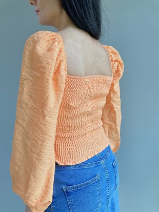 Orange Vual Büzgülü Balon Kol Bluz
