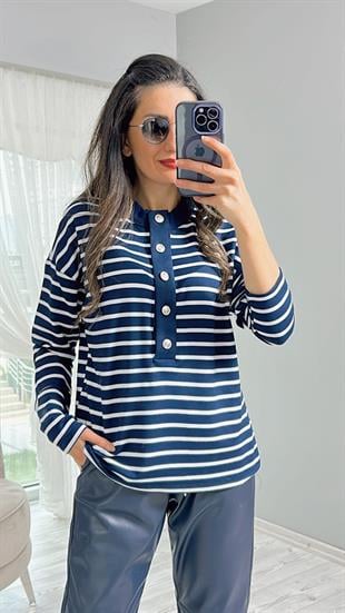Lacivert Çizgili Önü Düğmeli Sweatshirt