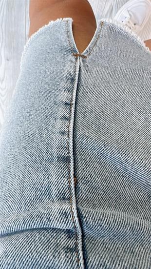 Mavi Mini Yırtmaçlı Yüksek Bel Denim Etek