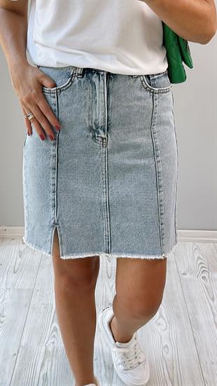 Mavi Mini Yırtmaçlı Yüksek Bel Denim Etek