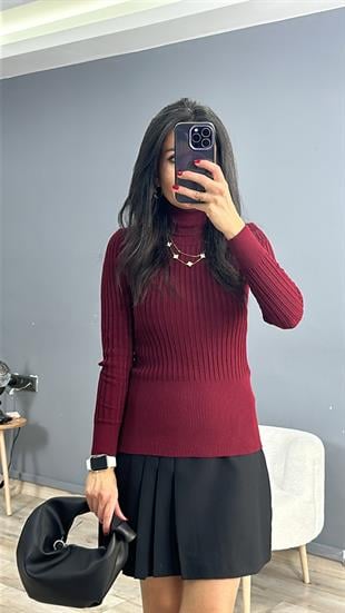 Bordo Balıkçı Yaka Kalın Fitilli Triko