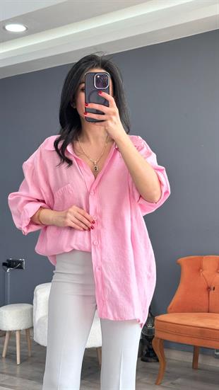 Şeker Pembe Düşük Omuz Oversize Gömlek