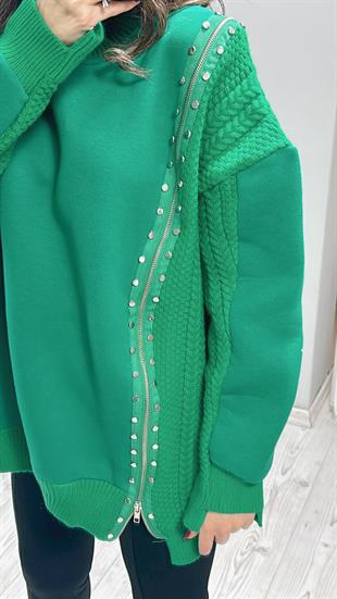 Yeşil Fermuarlı Taş Detaylı Model Tasarım Sweatshirt