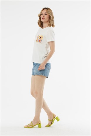 Ekru Örgü Cepli T-Shirt