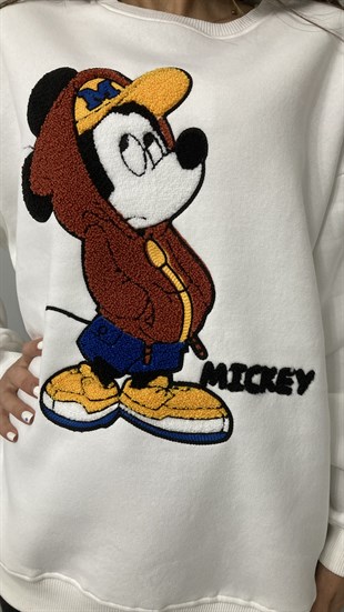 Ekru Mickey Nakışlı Sweatshirt