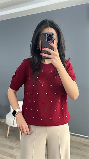 Bordo Baklava Desenli Önü Taşlı Triko Bluz