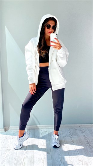 Ekru Fermuarlı Basic Sweatshirt