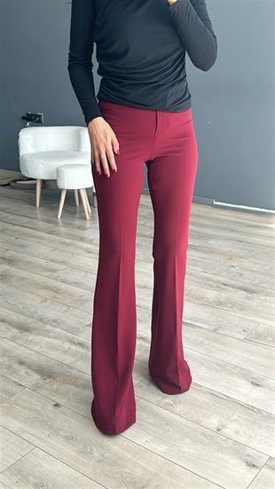 Bordo Tek Düğmeli İspanyol Paça Pantolon