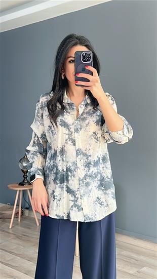 Lacivert Batik Baskılı Vual Gömlek