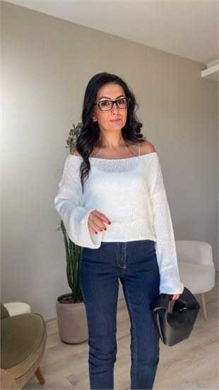 Ekru Kayık Yaka Merserize Triko