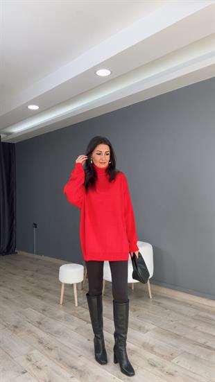 Kırmızı Balıkçı Yaka Triko Kazak