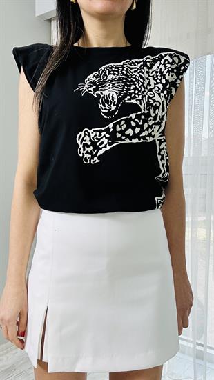 Siyah Önü Baskılı Vatkalı Bisiklet Yaka Basic T-Shirt