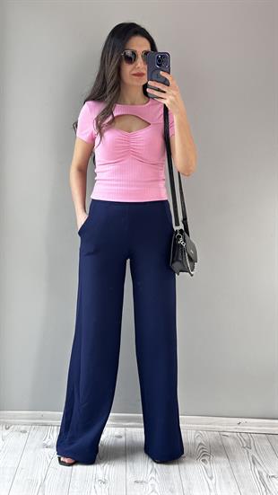 Pembe Büzgülü Önü Açık Bluz