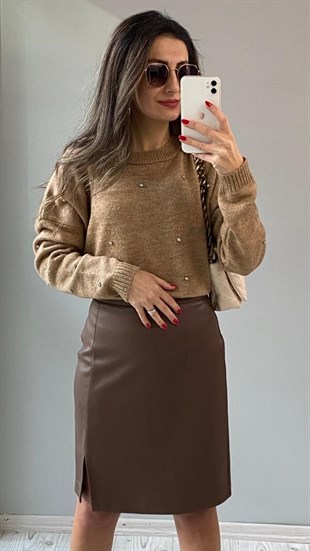 Camel Taşlı Triko Kazak