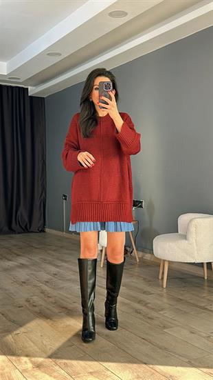 Bordo Önü Dikişli Bisiklet Yaka Salaş Kazak