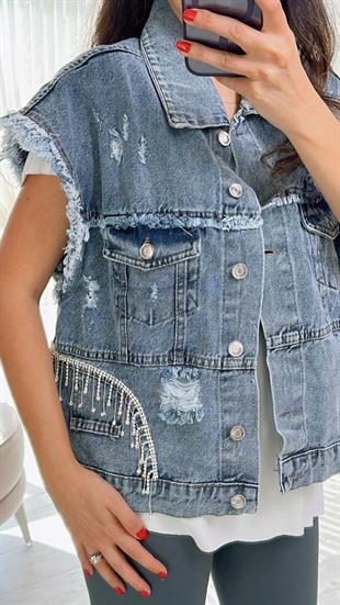 Denim Taşlı Yelek