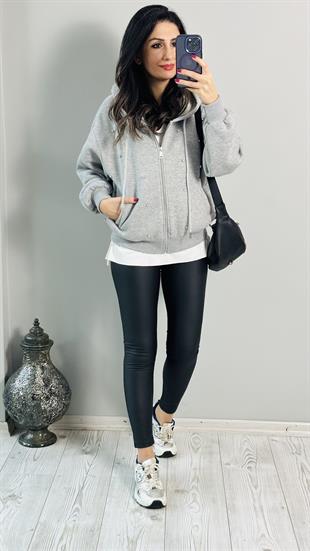 Gri Melanj Taş Detaylı Fermuarlı Kapşonlu Sweatshirt