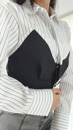 Beyaz Siyah Çizgili Garnili Crop Gömlek