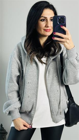 Gri Melanj Taş Detaylı Fermuarlı Kapşonlu Sweatshirt