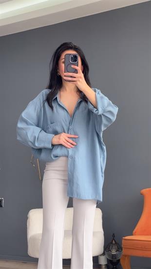 Gri Mavi Düşük Omuz Oversize Gömlek