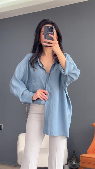 Gri Mavi Düşük Omuz Oversize Gömlek