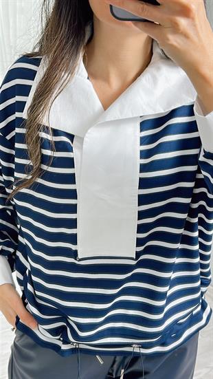 Lacivert Çizgili Gömlek Yaka Büzgü Detaylı Sweatshirt