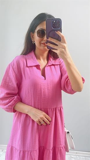 Şeker Pembe Gömlek Yaka Büzgülü Elbise