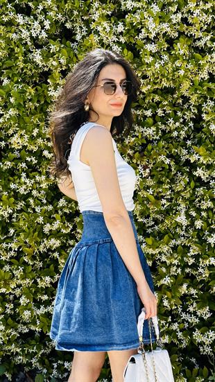 Mavi Denim İçi Şort Astarlı Pileli Etek