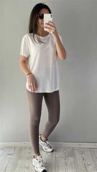 Beyaz Bisiklet Yaka Lazer Kesim Modal Kumaş T-shirt